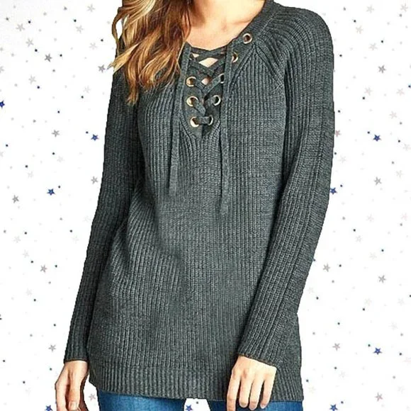 Lace Up Knit Sweater Raglan Long Sleeve Charcoal Grey